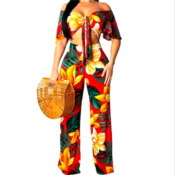 Women's 2PC Floral Off Shoulder Long Straight Pants Set - NIP - Picture 2 of 6